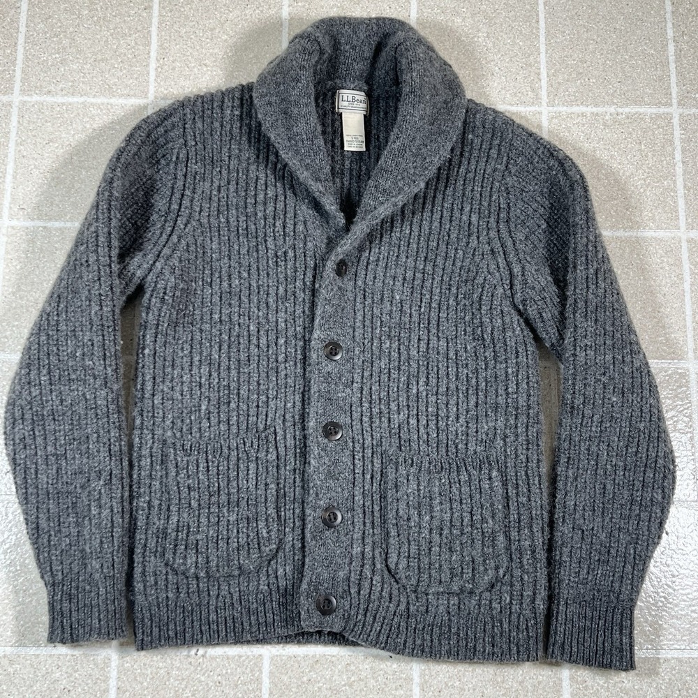 LL Bean Ragg Wool Cardigan Sweater Mens Small Gray Lambswool Chunky Shawl Collar